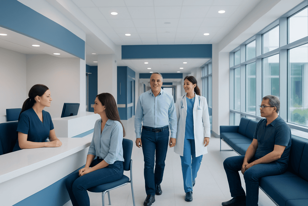 Package Price or Itemized Quote in Turkey: Which Is Better for Your Treatment? 1 Medical staff and patients in a modern hospital reception area.