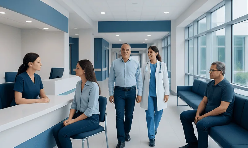 Medical staff and patients in a modern hospital reception area.