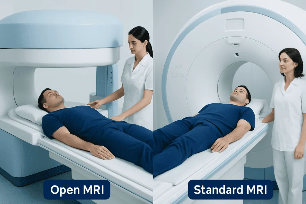 Comparison of open MRI and standard MRI machines with a patient lying down.
