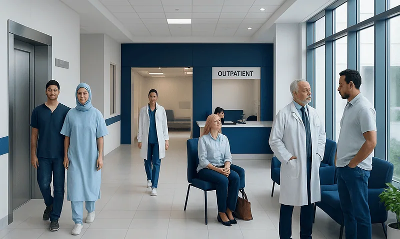 Hospital outpatient reception area with medical staff and patients.