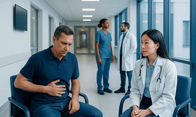 Patient experiencing stomach pain in hospital corridor with medical staff nearby.