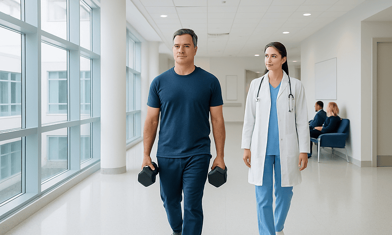 Patient walking with weights in hospital corridor with medical staff nearby.