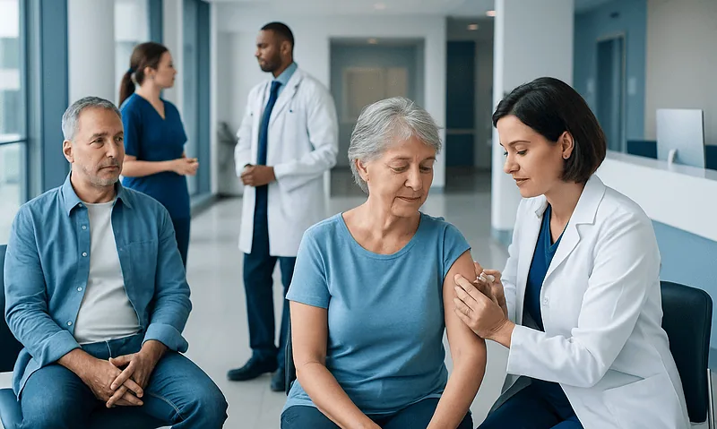 Healthcare professional administering flu vaccine to elderly woman in clinic.