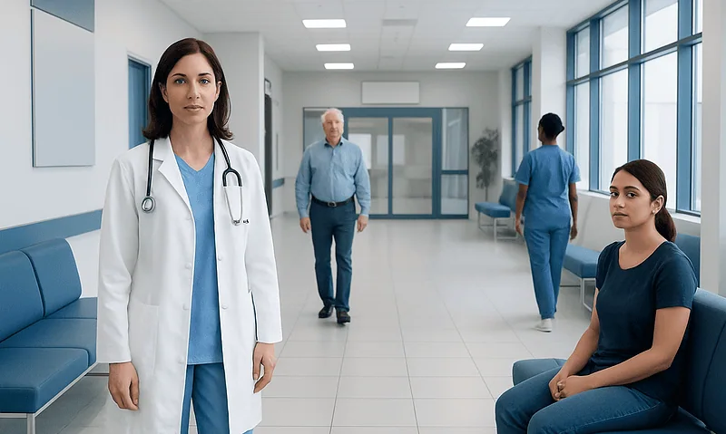 Medical professionals and patients in a modern hospital corridor.