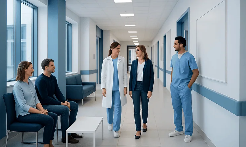 Healthcare professionals and patients in a hospital corridor.