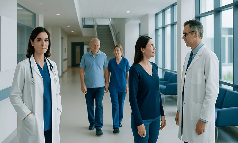 Medical team discussing patient care in hospital corridor.