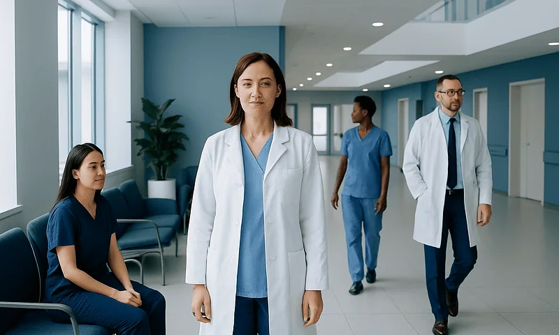 Medical team in hospital corridor with patient waiting area.