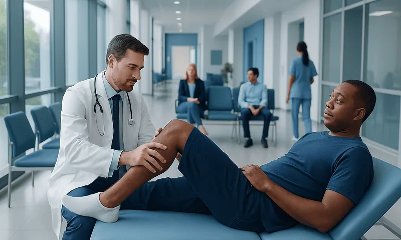 Doctor examining patient's knee in hospital corridor for Mcmurray Test.