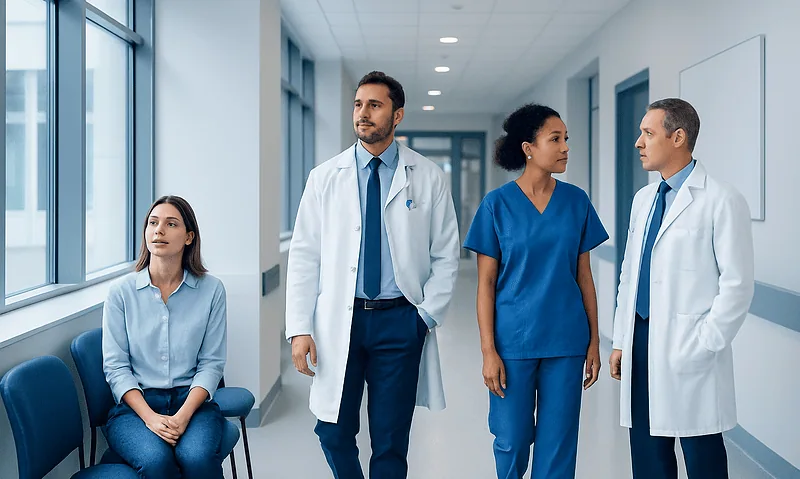 Medical team in hospital corridor with patient waiting area.