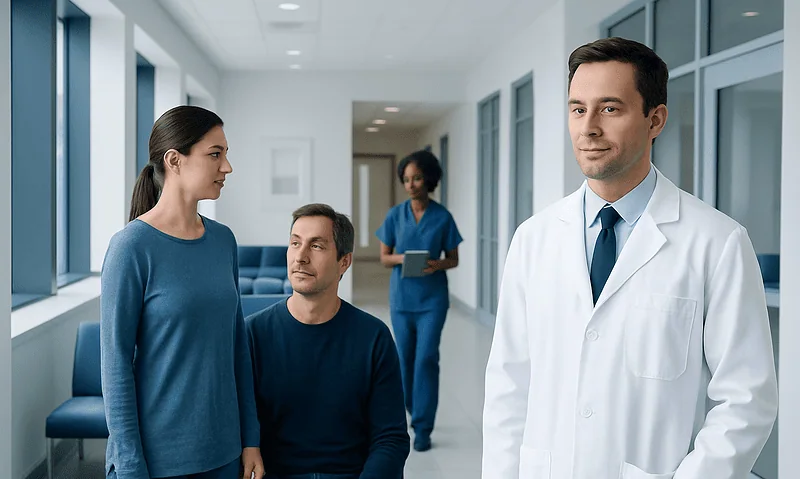 Doctor consulting with patient in hospital corridor.