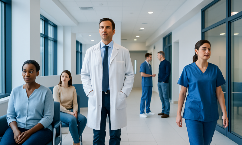 Medical professionals and patients in a hospital corridor.