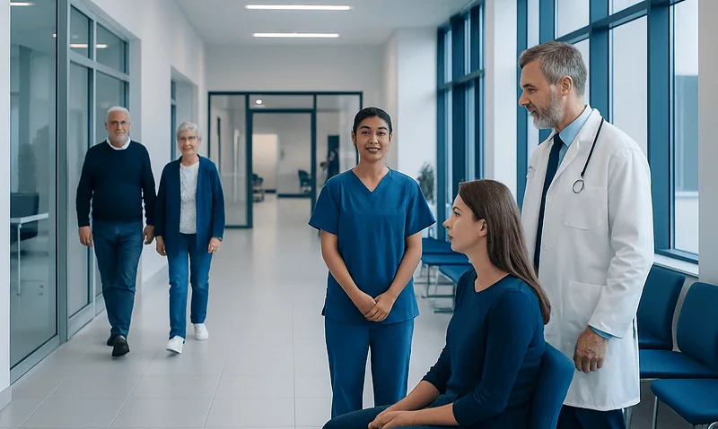 Medical team consulting in hospital corridor with patients and staff.