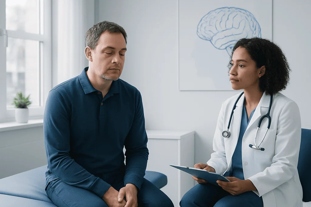 Doctor consulting with patient in neurology clinic with brain diagram in background.