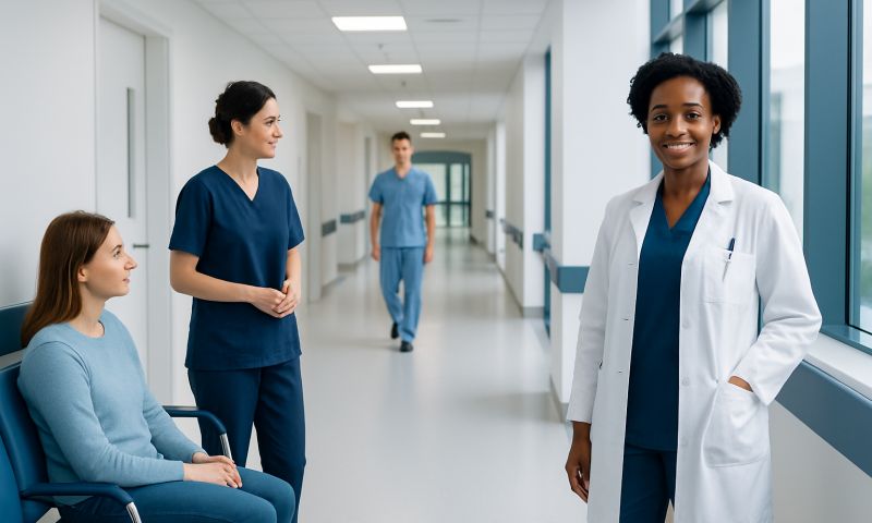 Healthcare professionals and patient in hospital corridor at Acibadem Hospitals Group.