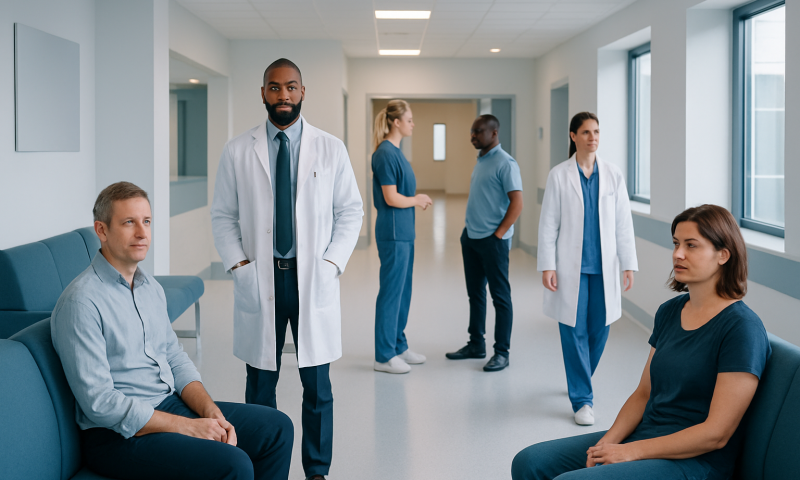 Medical team in hospital corridor with patients waiting and staff discussing.