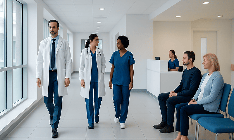 Medical professionals and patients in a hospital corridor at Acibadem Hospitals Group.