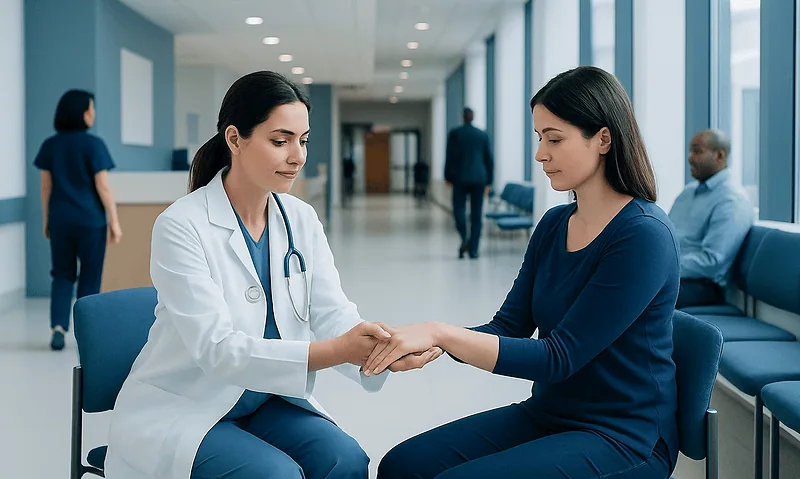 Doctor and patient in hospital waiting area during consultation.