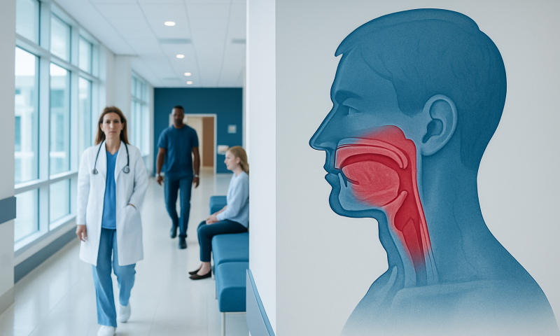 Medical illustration of the human pharynx and respiratory pathways.