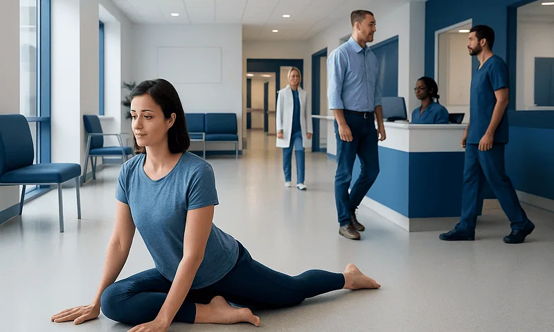 Patient performing pigeon stretch in a medical facility.