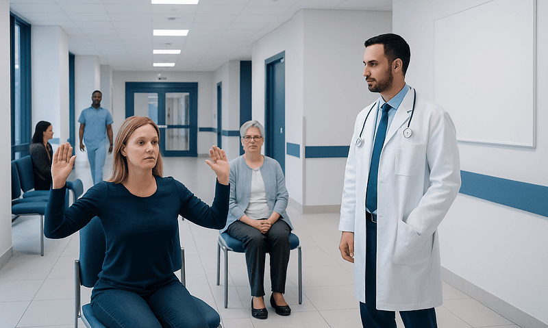 Patient raising hand during medical consultation at Acibadem Hospital.