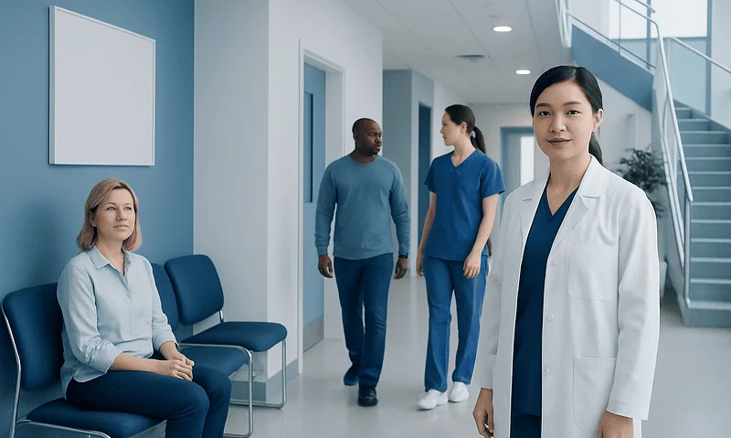 Healthcare professionals and patient in a modern hospital corridor.
