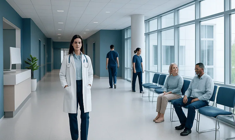 Healthcare professionals and patients in a modern hospital corridor.