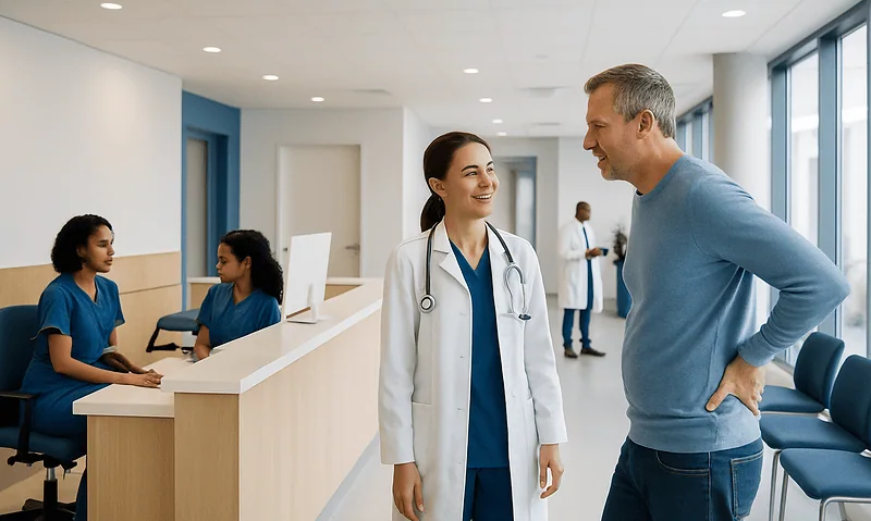 Doctor and patient talking in hospital reception area with staff in background.