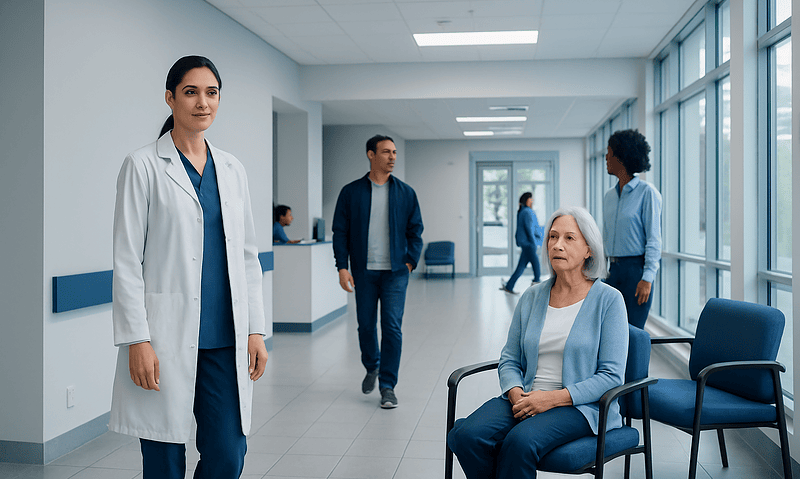 Healthcare professionals and patient in a modern hospital corridor.