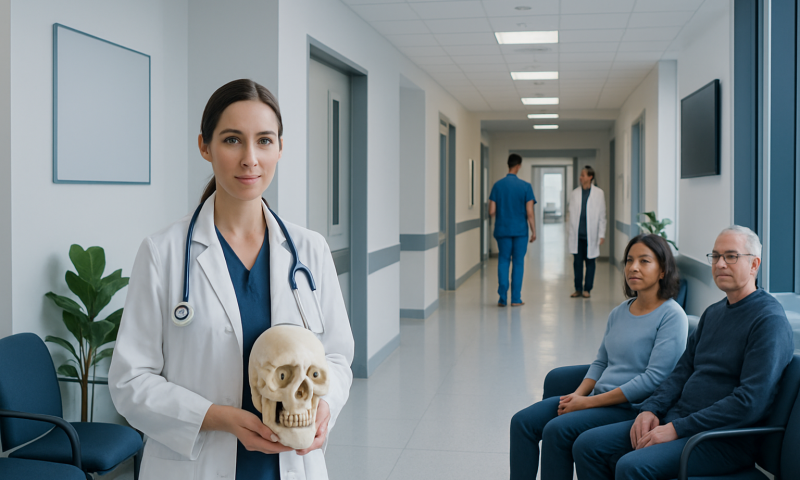 Medical professional holding skull model in hospital corridor.