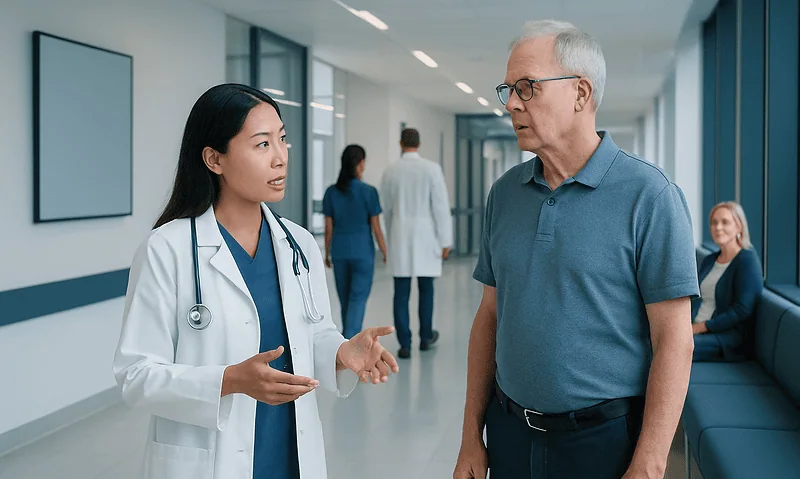 Doctor discussing with a patient in a hospital corridor.