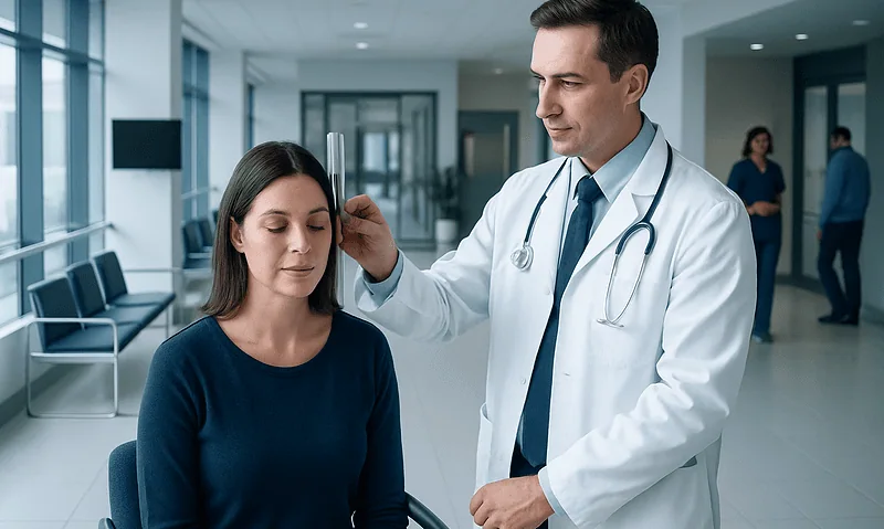 Weber Test: What Patients Need to Know 18 Doctor examines patient's ear in a modern hospital setting.