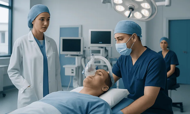 Medical team preparing patient for anesthesia in operating room.