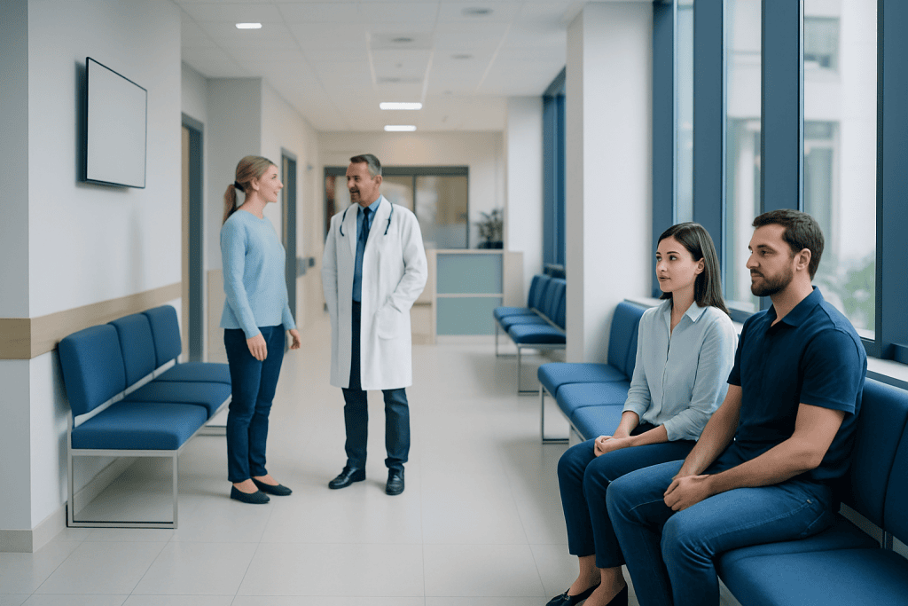 Choosing Between Outpatient and Inpatient Treatment in Turkey: What Affects the Decision 1 Hospital corridor with doctor and patients in waiting area.