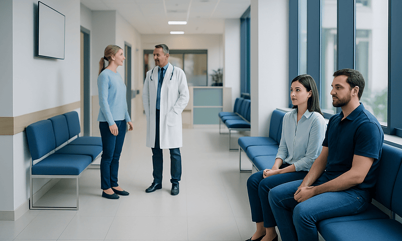 Hospital corridor with doctor and patients in waiting area.