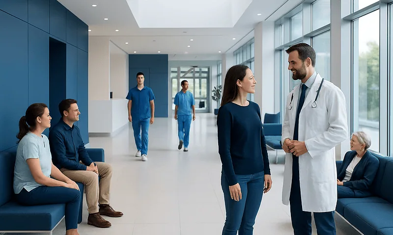 Hospital corridor with doctor and patients in a modern healthcare facility.