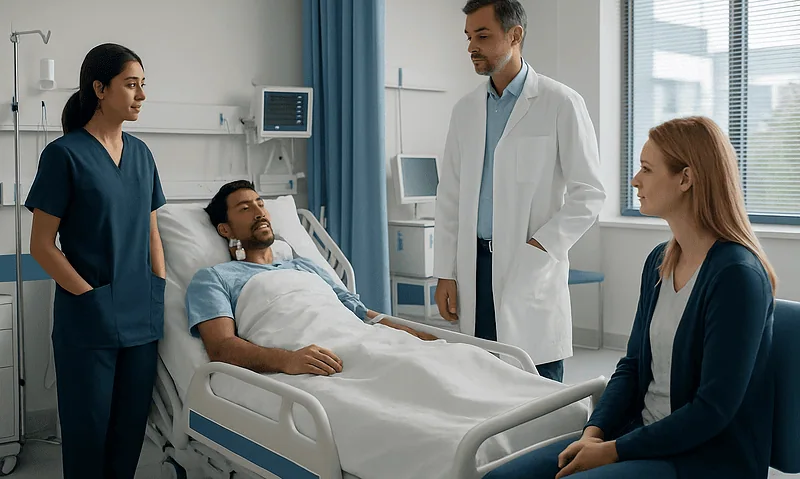 Medical team consulting with patient in hospital room.