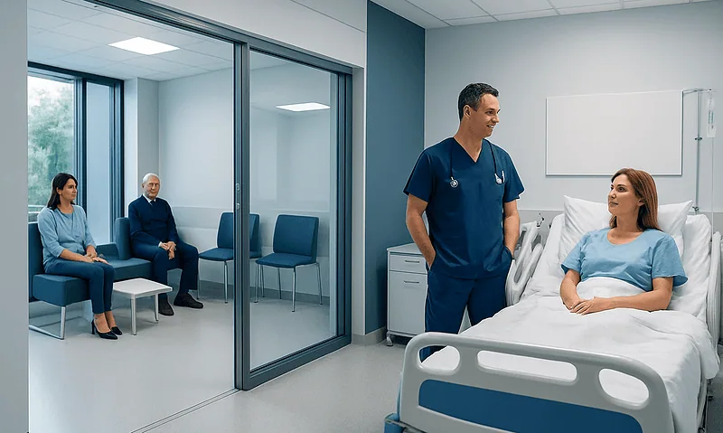 Hospital room with patient and medical staff, modern and clean environment.