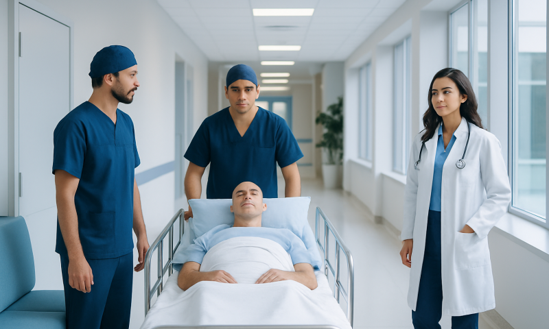 Medical team with patient in hospital corridor, healthcare professionals in scrubs and white coat.