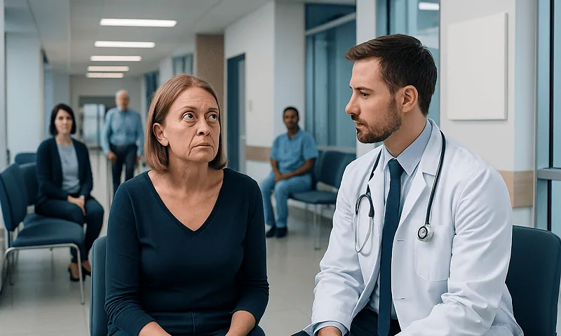 Doctor consulting with a woman patient in a hospital corridor.
