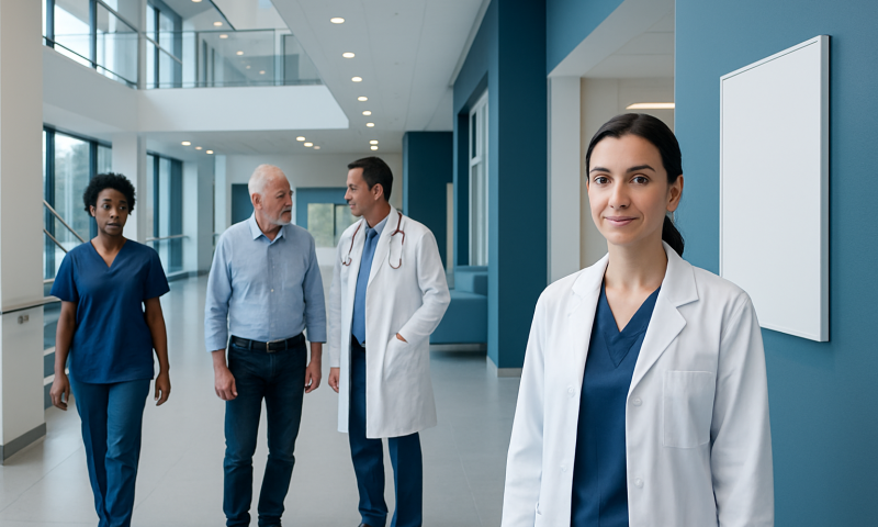 Healthcare professionals in a modern hospital corridor with a female doctor in the foreground.
