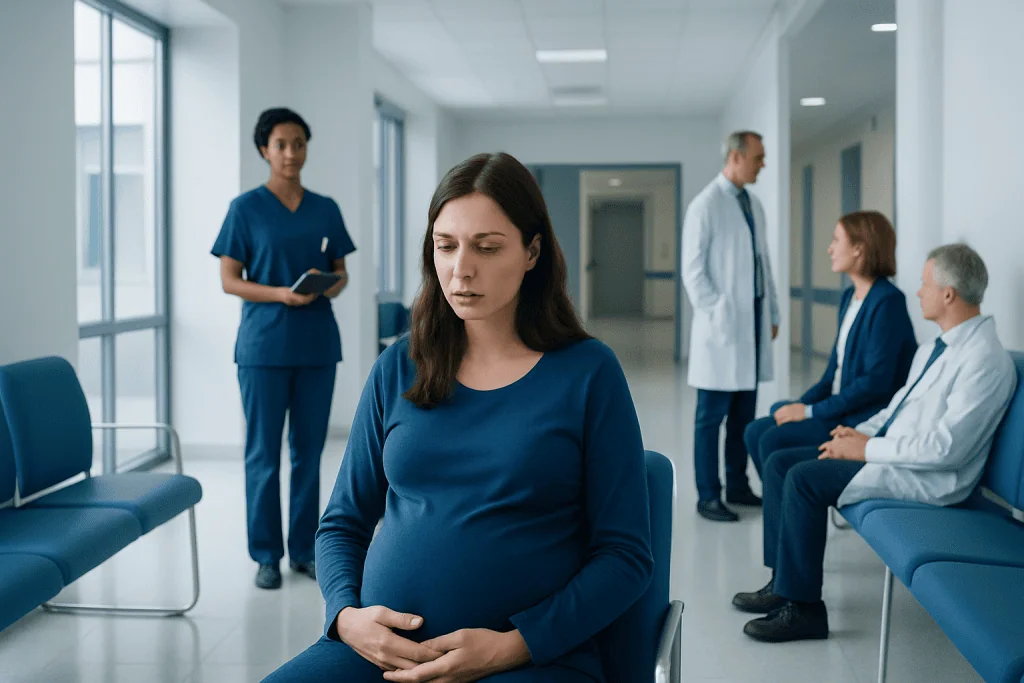 Tokophobia: What Patients Need to Know 1 Pregnant woman in hospital waiting area with medical staff and patients.