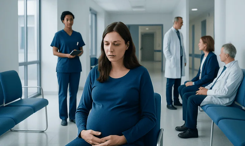 Pregnant woman in hospital waiting area with medical staff and patients.