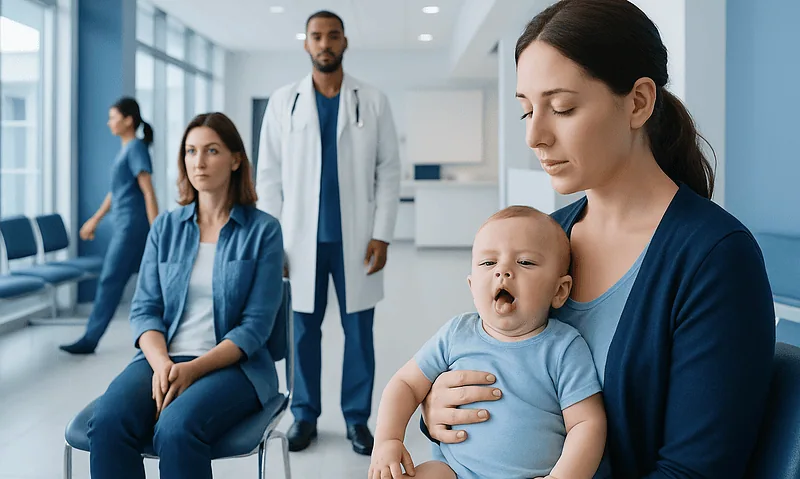 Pediatric consultation at Acibadem Hospital with mother and healthcare professionals.