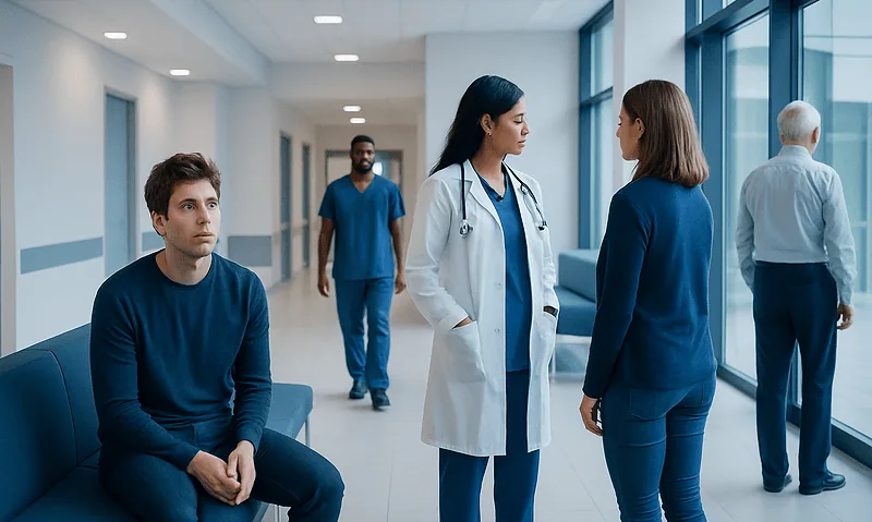 Patients and medical staff in a hospital corridor at Acibadem Hospitals Group.