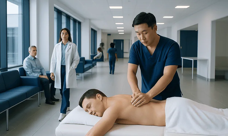 Therapist providing back massage in hospital setting with patients and staff present.
