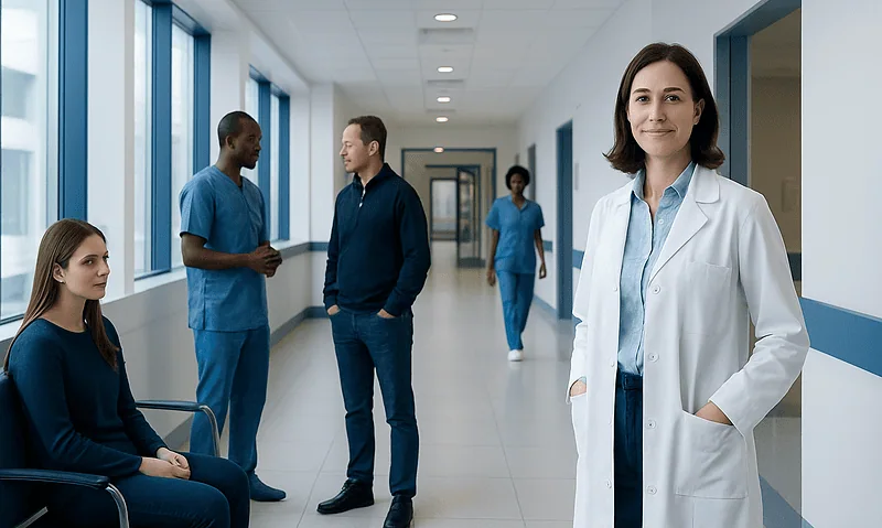 Healthcare professionals and a patient in a hospital corridor.