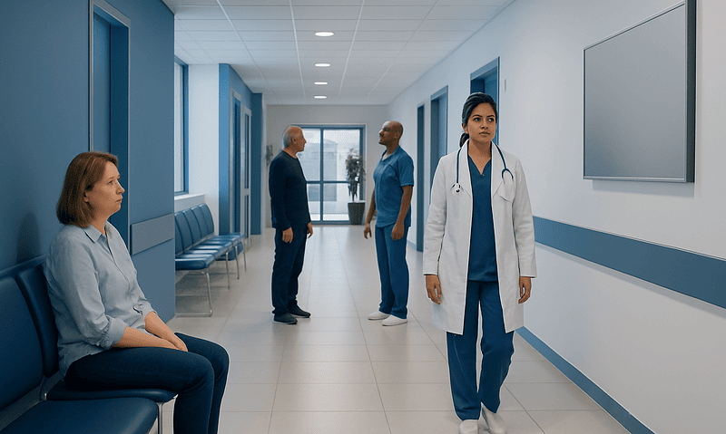 Medical staff and patient in hospital corridor at Acibadem Hospitals Group.