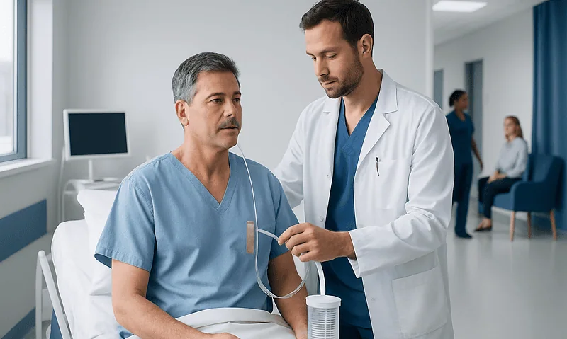 Doctor preparing for tube thoracostomy procedure on patient in hospital.