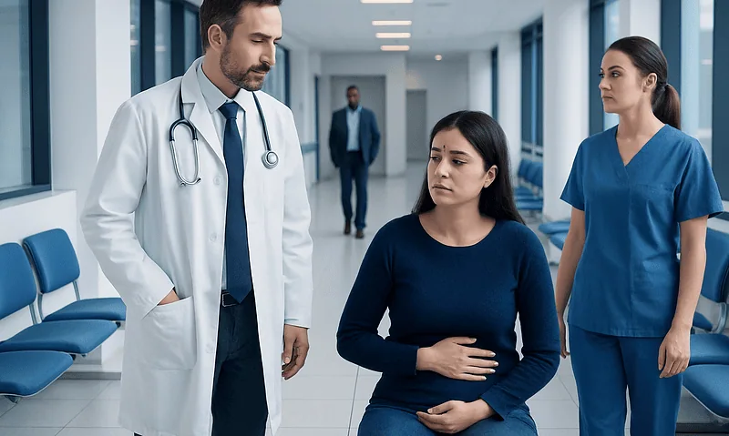 Doctor consulting a patient in a hospital corridor with medical staff nearby.
