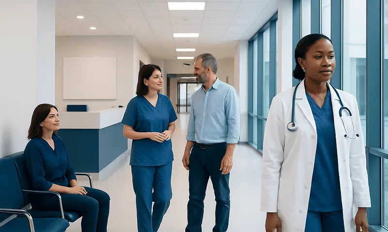 Healthcare professionals and a patient in a hospital corridor.